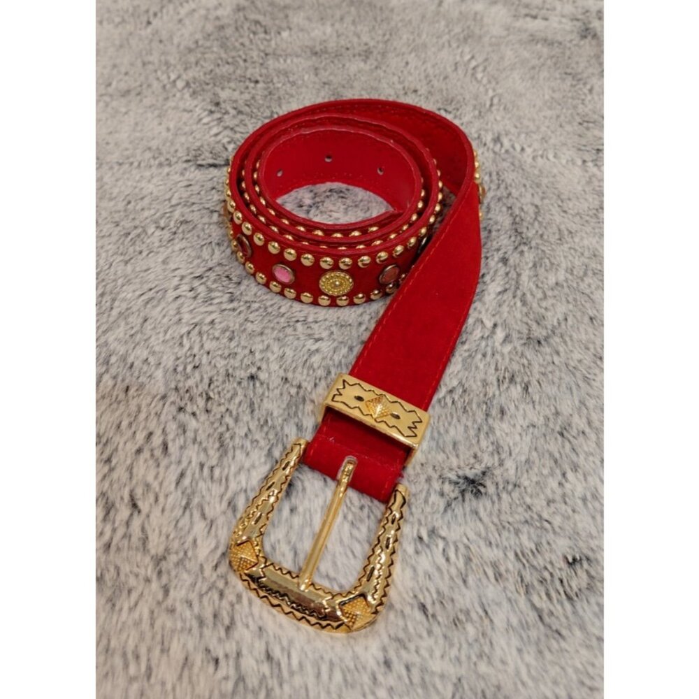 Gail Labelle Genuine Leather Rhinestone Studded Belt Red Western‎ Cowgirl Rodeo